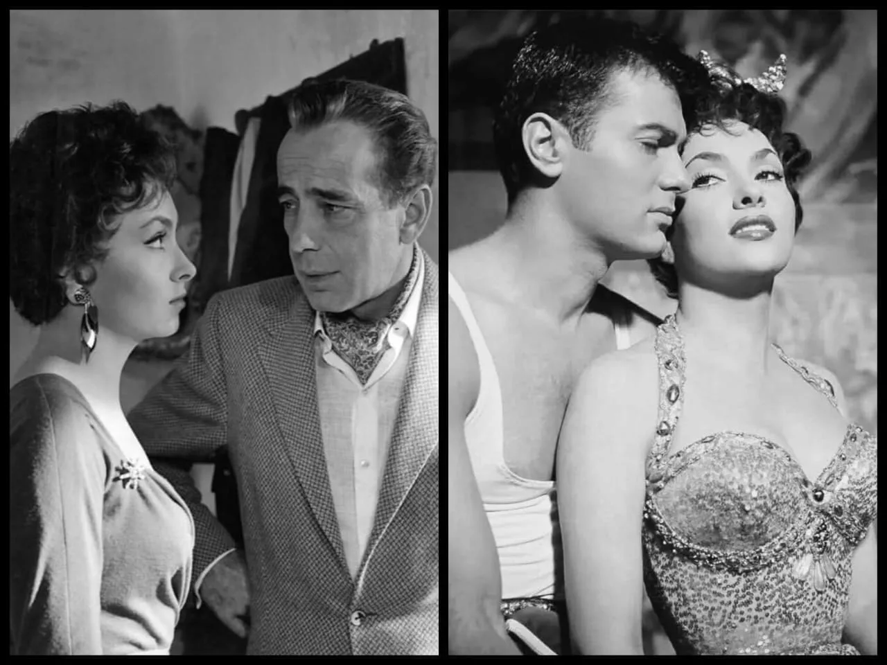 Fotogrammi compositi: con Humphrey Bogart in Beat the Devil e con Tony Curtis in Trapeze — due incontri del cinema internazionale degli anni Cinquanta.